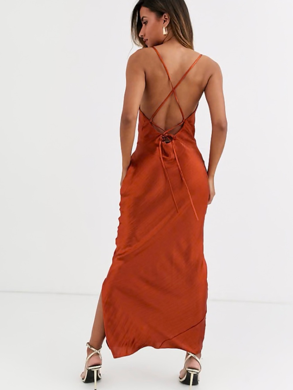 ASOS SILK LIKE Satin Strapless Dress in Rust